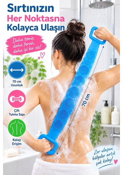 Silikon Banyo Sırt Kesesi 70cm Çift Taraflı Masaj Dokulu Uzun Saplı Vücut Temizleme Fırçası Ve Masaj