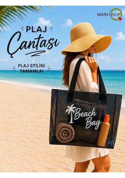 Mainshop Siyah Şeffaf Beach Bag Kadın Plaj Çantası Büyük Hacimli M-plj01