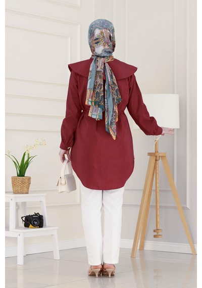 Sevitli Beli Bağcık Detaylı Geniş Yaka Tunik-bordo-4989 Bordo