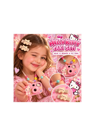 Hello Kitty Fotoğraf Makinesi Kolye Bileklik 2 Li Kedi Figürlü Çocuk Toka Takı Seti