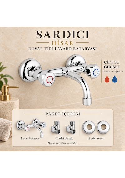 Sardıcı Hisar Krom Duvar Tipi Sabit Lavabo Bataryası Çift Su Girişli Dirsek Rozet Takımı Dahil