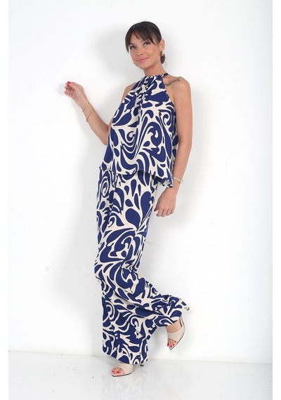 By Saygı Kadın Halter Yaka Bluz Beli Lastikli Cepli Palazzo Pantolon Desenli 2'li Takım Lacivert By Saygı Kadın Halter Yaka Bluz Beli Lastikli Cepli Palazzo Pantolon Desenli 2'li Takım Lacivert