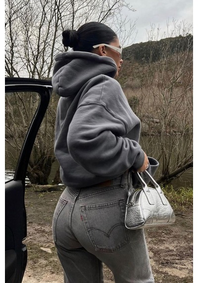 Füme Kapüşonlu Şardonlu Oversize Cepli Sweatshirt Mg2206