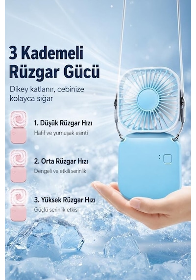 Özel Üretim F-05 Mini Fan Tutmalı Şarjlı Vantilatör Mavi Spor Günler Aksesuar