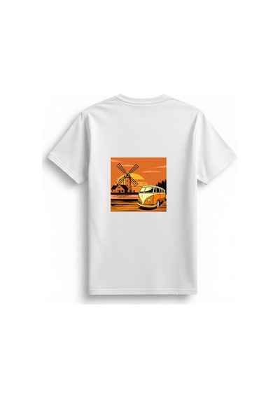 Paybuy Kadın Vintage Minibüs Sunset Manzara Baskılı Günlük Rahat Pamuk T Beyaz