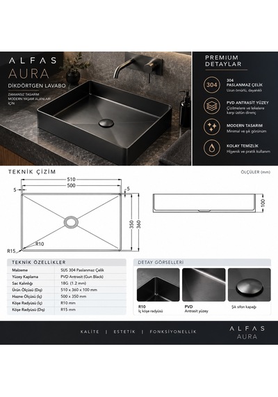 Alfas Aura Dikdörtgen 51x36cm Pvd Antrasit Tezgah Üstü Altı Çanak Lavabo 304 Paslanmaz Çelik