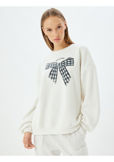 Koton Oversize Sweatshirt Fiyonk Baskılı Bisiklet Yaka Sloganlı Şardonlu Ekru 5wal10644ık Ekru