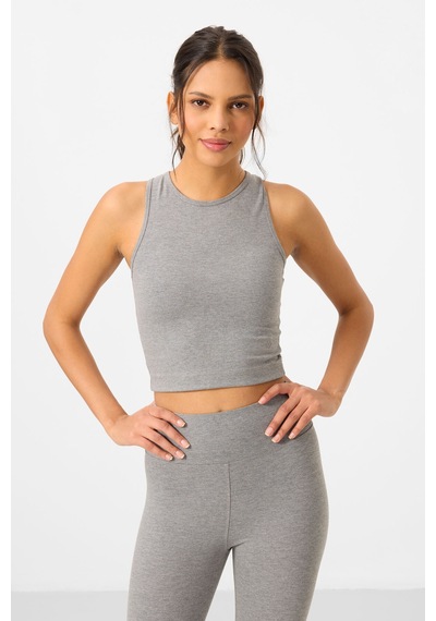 Tommylife Gri Melanj Yüksek Bel Kapri-crop Atlet Slim Fit Kadın Tayt Takım - 95284