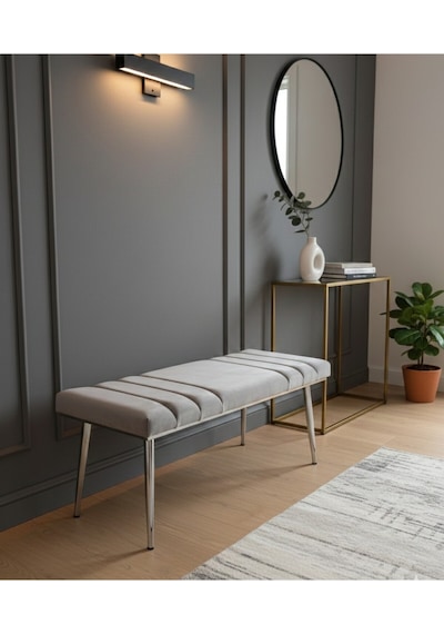 Özcan Metal Krom Metal Ayaklı Metal Kasalı Bench Mutfak Salon Antre Yatak Odası Balkon Puf Bank Gri