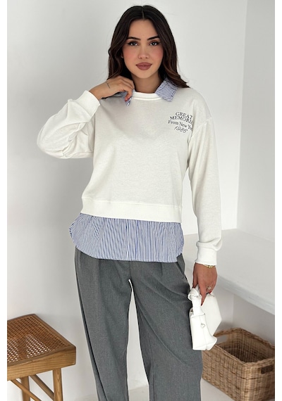 Noa & Noa Kadın Gömlek Detaylı Baskılı Sweatshirt Serene Layer Beyaz