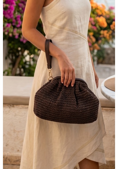 Vivazzaluxe Vintage Model Örme Hasır Kadın Portföy Clutch Çanta Acı Kahverengi