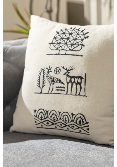 Hitit Desen El Baskısı Kırlent Kılıfı 2 Li Set 45x45 Cm %100 Organik Hambez Kumaş Ekru - 678650351 Ekru