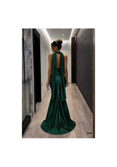 Lior Design Kadın Trend Model Kruvaze Yaka Şık Abiye Elbise Zümrüt