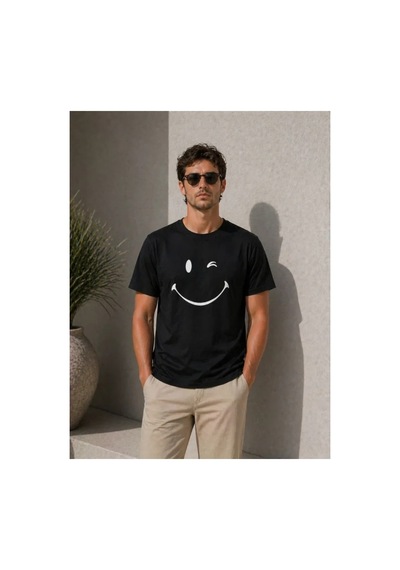 Butik İstanbul Erkek Minimal Gülümseyen Yüz Baskılı Tişört Kısa Kol Yazlık T-shirt - Siyah