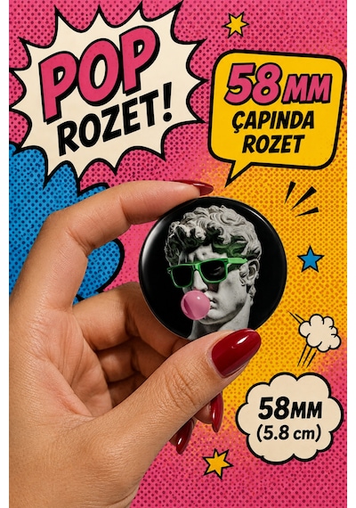 Mashspot 5'li Pop Art Heykel Rozet Seti 58 Mm Renkli Sanat Temalı Buton Rozet Çok Renkli