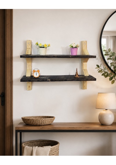 Modern 2 Katlı Ahşap Duvar Rafı Dekoratif Masif Ahşap Kitaplık Ve Duvar Rafı Siyah
