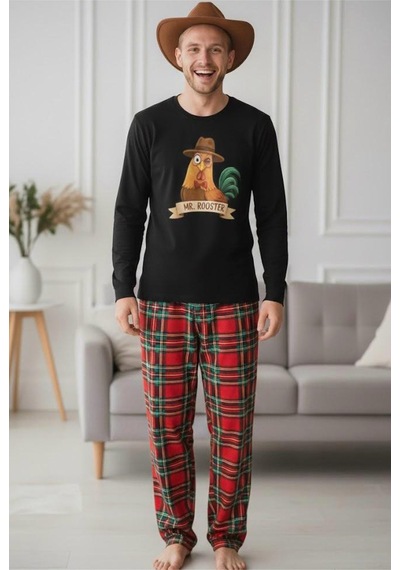 Siyah İnci Erkek Ekose Merry Christmas Baskılı Yılbaşı Temalı Örme Pijama Takım 7969 Siyah Kırmızı Ekose