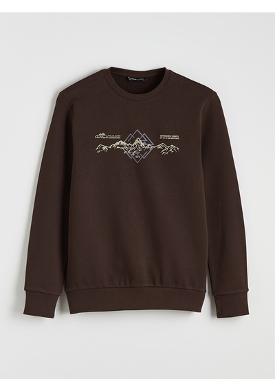 Lcwaıkıkı Classic Kahverengi Bisiklet Yaka Baskılı Erkek Sweatshirt