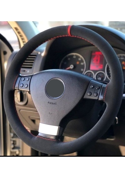 Vw Golf 5 Uyumlu Alkantra Dikmeli Direksiyon Kılıfı Kırmızı Yüzüklü