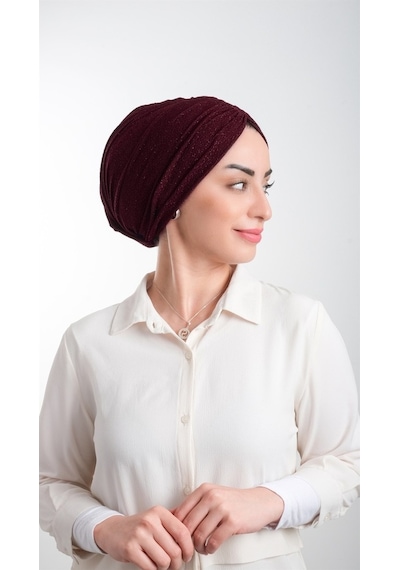 Hürrem Bone Bordo Pratik Hazır Geçmeli Tesettür Bone Fukuro Simli Büzgülü 211 Bordo