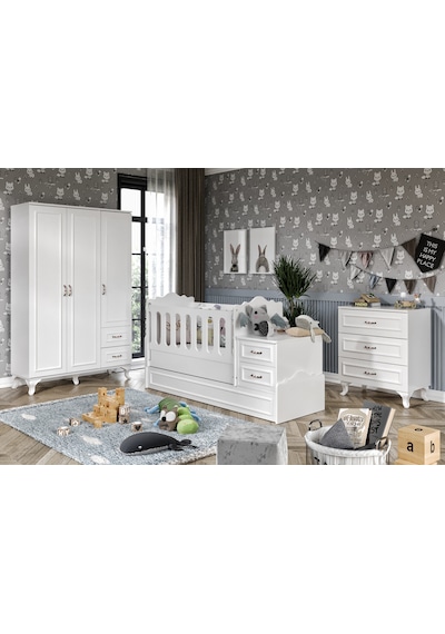 KznHome Kartopu Country Tarzı Bebek Odası Takımı - 3 Parçalı Tamamı MDF Beyaz