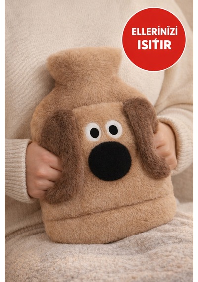 Kahverengi Gromit Figürlü Eldivenli Sıcak Su Torbası Peluş Kılıflı, Karın El Isıtıcı Renkli