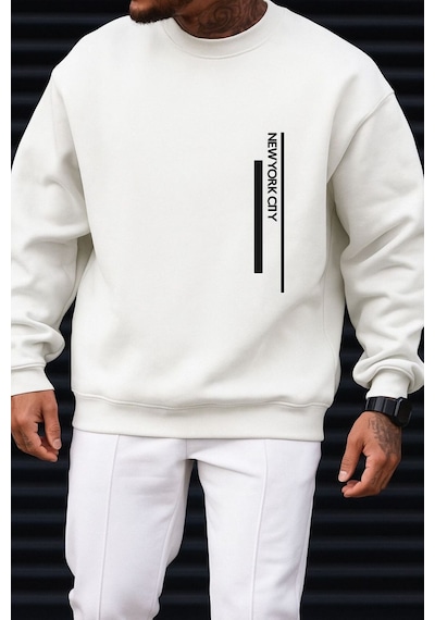 Benroma 3 İplik Penye New York Cıty Baskılı Unisex Sweatshırt Beyaz