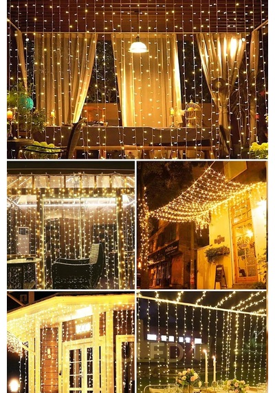 3x3 Metre Sarı Perde Led Işık 12 Saçaklı Tasarım, 8 Fonksiyonlu Mod Ve Dekoratif Şıklık