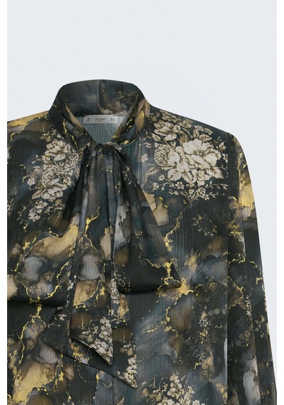 Sateen Desenli Fularlı Gömlek - Siyah-138056