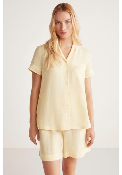 Penye Mood Kadın Kısa Kol Önden Düğmeli Şortlu Sarı Pijama Takımı C0t4n6o9 001