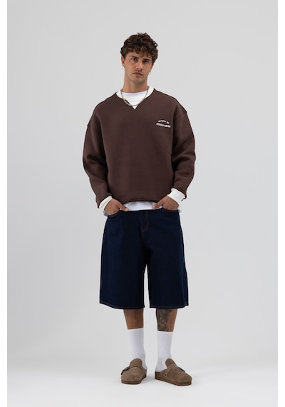 Vamos Oversize Bisiklet Yaka Baskılı Sweatshirt V70-91 Kahve