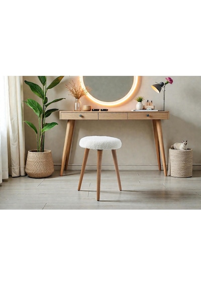 Modern Ahşap Ayaklı Teddy Kumaş Tabure Makyaj Masası & Ayak Dinlendirme Elegant Krem krem