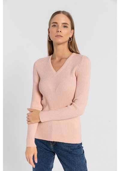 Miss Poem Kadın V Yaka Slim Fit Fitilli Uzun Kışlık Ekru Triko Kazak Pudra
