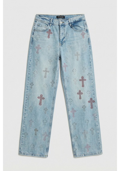 Itsbasic Kadın Kot Rengi T-4s6-32 Özel Parlak Taşlı Elastan Kumaş Tasarım Denim Jean Mavi