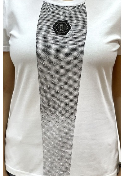 Rich Glam Bisiklet Yaka Crystal Taşlı Büyük Beden Plus Size Pamuk Şık Rahat Siyah Kadın T-shirt Beyaz