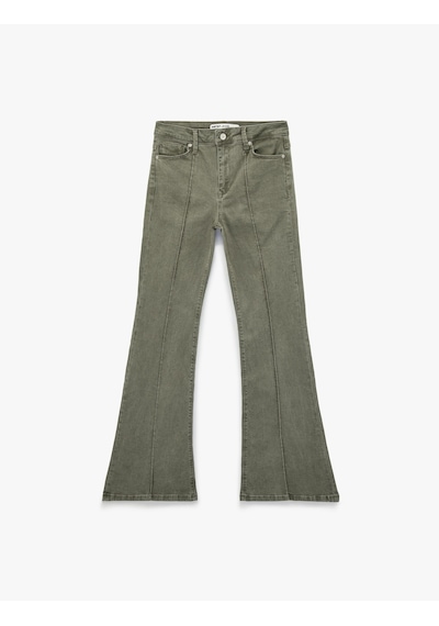 Koton Nervürlü Cepli Düğmeli İspanyol Paça Denim Pantolon - Flare Jeans Haki 6sal40080mw Haki