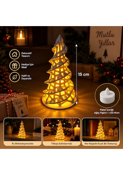 Dekoratif Yılbaşı Çam Ağacı Led Mumluk 15 Cm Işıklı 3d Baskı Noel Ağacı Dekoru .