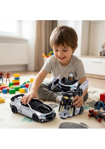 2'si 1 Arada Robota Dönüşen Spor Araba - Gri Yarış Arabası Otomatik Dönüşüm Özellikli Oyuncak Robot Çok Renkli