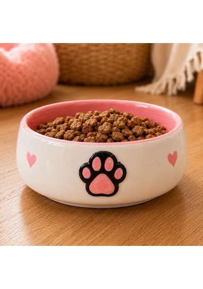 Lüks Seramik Mama Kabı Pati Kedi Köpek Kalp Desen Kabartmalı Doğal Renkli Kedi Ve Köpek Yemek Su Kasesi, Devrilmez Premium Dekoratif Porselen Yapı 1 Adet Tekli Pembe