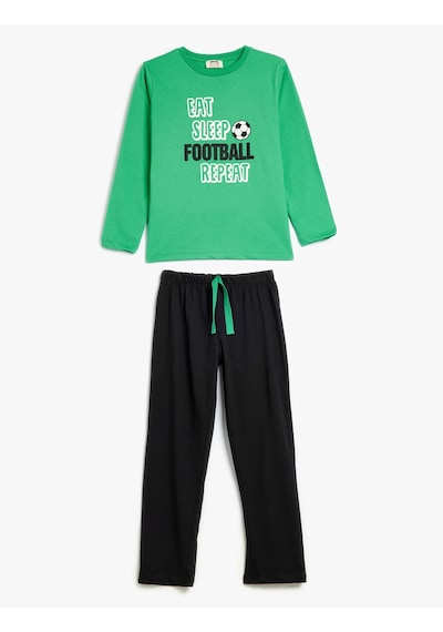 Koton Pijama Takımı Futbol Temalı Baskı Detaylı Uzun Kollu Pamuklu Yeşil 5wlm40005mk Yeşil