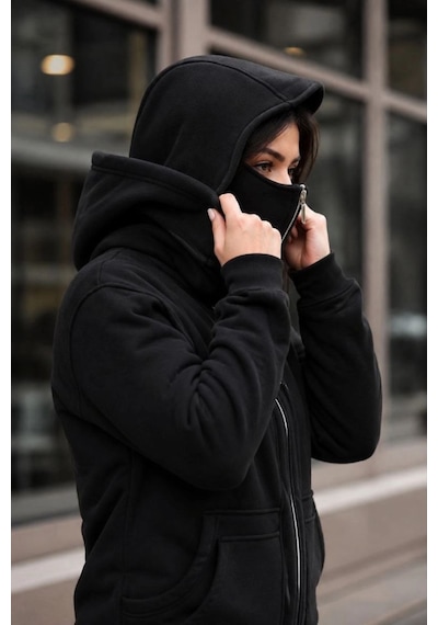 Velmora Fashion Kadın Maskeli Ninja Model Çift Kapüşonlu 3 İplik Şardonlu Fermuarlı Oversize Sweatshirt - Siyah