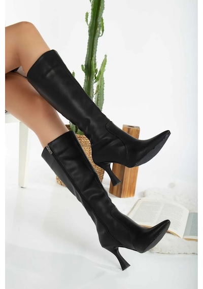 Beyaz Lili Oc Shoes Sivri Burun Fermuarlı Topuklu Çizme Siyah Siyah