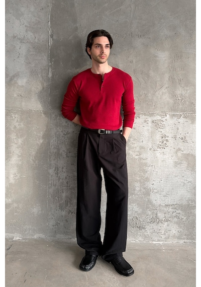 Erkek Henley Yaka Düğmeli Penye Bluz Kırmızı
