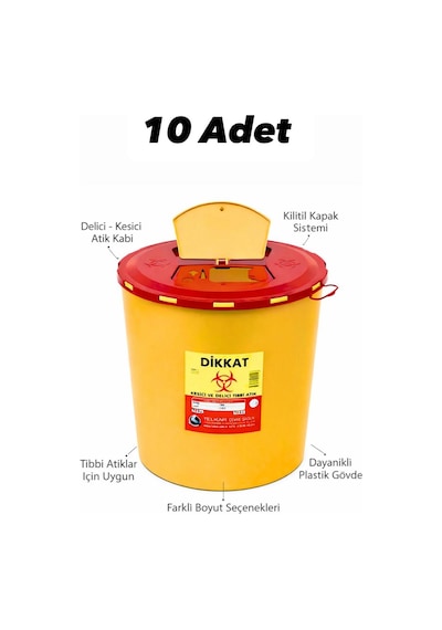 Tıbbi Atık Kovas Sarı, Enfekte Kovası Sarı Renk , Hijyenik Ve Güvenli Kullanım 10 Litre Tüm Adetler Turuncu