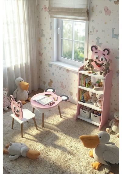 Çocuk Mobilya Seti Happy Face Masa Sandalye ve 4 Raflı Kitaplık Sevimli Figürlü Pembe