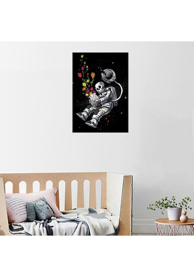 Çiçekli Kuru Kafa Astronot Yapışkanlı A4 Poster Sticker Etiket Çok Renkli