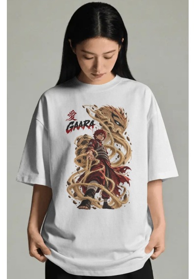 Unisex Oversize Gaara Naruto Anime Karakter Ön Baskılı Premium Ti Beyaz