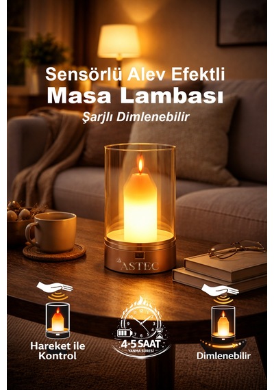 Astec Lüks Şarjlı El Hareketli Led Mum Masa Gece Lambası Dimlenebilir 3200k Gün Işığı Altın