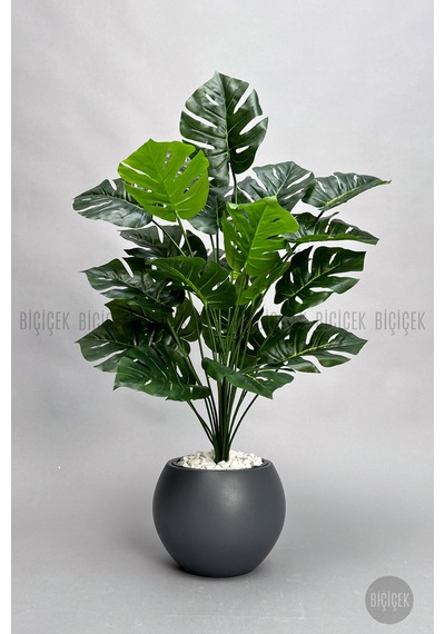 Biçiçek Yapay Monstera Deve Tabani Bi̇tki̇si̇ 65 Cm Antresi̇t Küre Saksıda