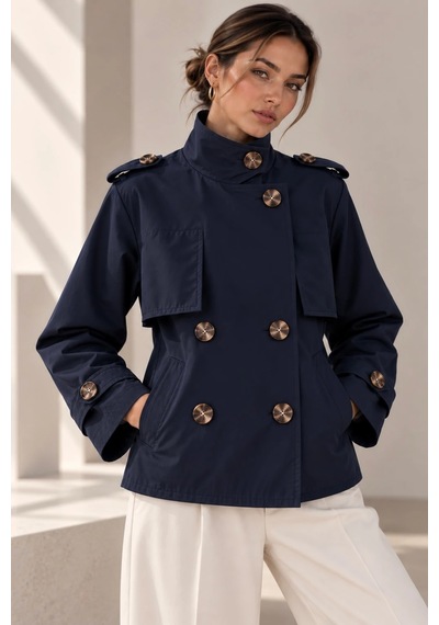 Bb Butik Basic Kısa Kruvaze Trençkot Düğme Detaylı Modern Kesim Qn3434 Lacivert